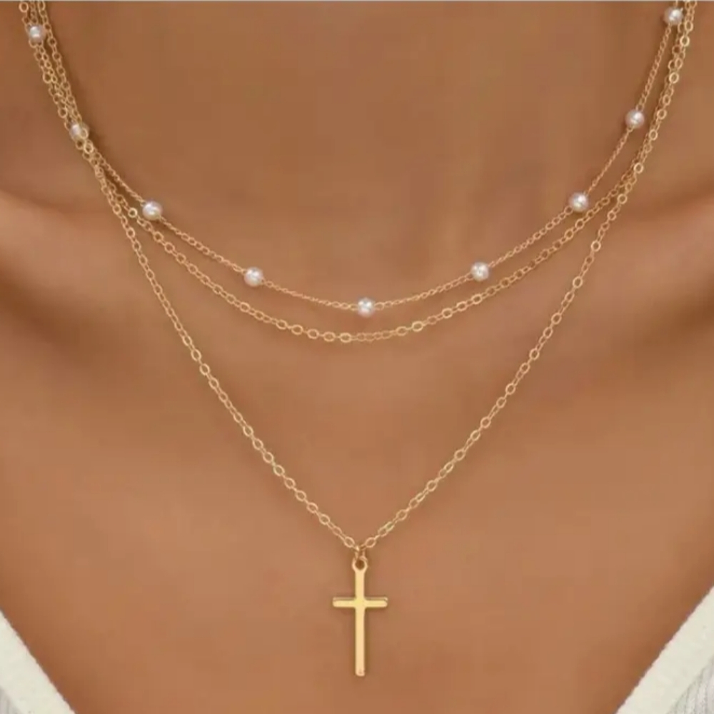 Pearl and Cross Layered Necklace